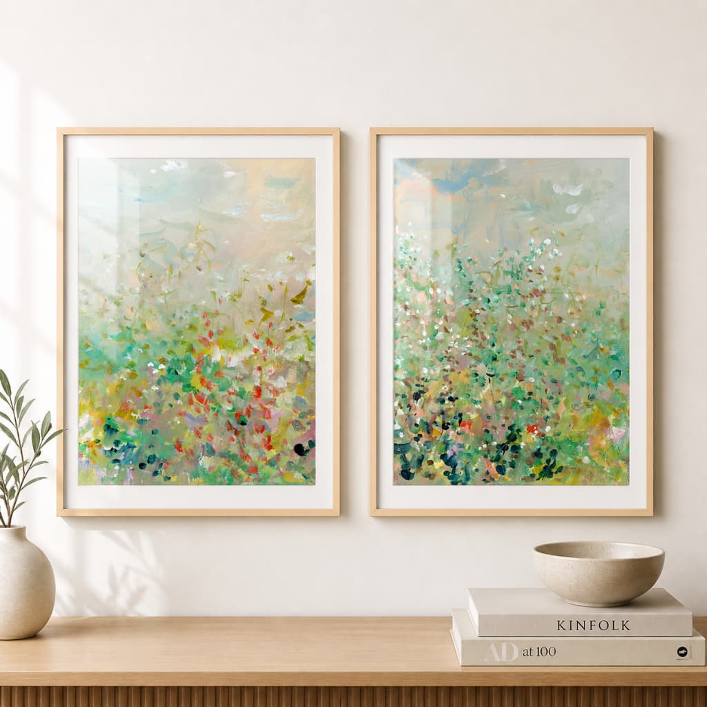Duo Quadros Abstrato Colorido Jardim Farm House Com Moldura e Vidro