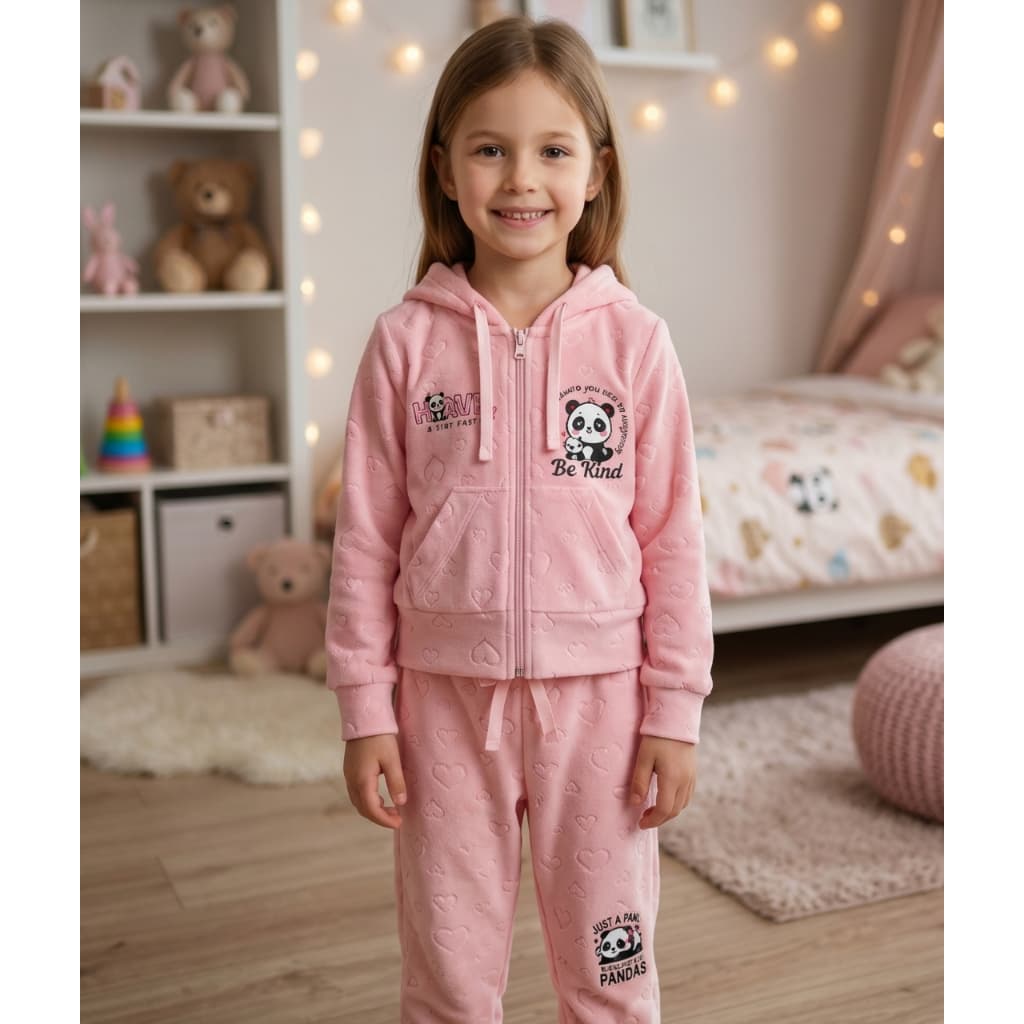 Conjunto Infantil Menina Soft Plush Inverno Quentinho Panda Blusa Capuz e Calça