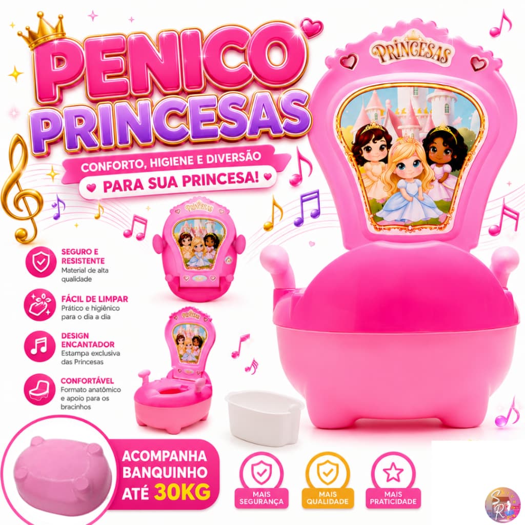 Troninho Infantil Musical Penico Banquinho para Desfralde até 30kg Replay Kids Princesa Rosa