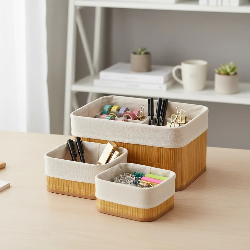 Cestos Bambu Organizadores Kit 4 Multiuso Decoração Casa Banheiro Escritório Armazenamento Natural