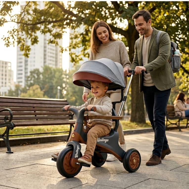 Triciclo Infantil Vintage Cinza c/ Empurrador Dirigível Capota e Proteção Lateral
