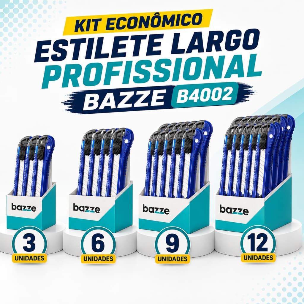 Kit Estilete Largo Profissional Bazze B4002 Lâmina Refilável Segurança Total 3 a 12 Unidades