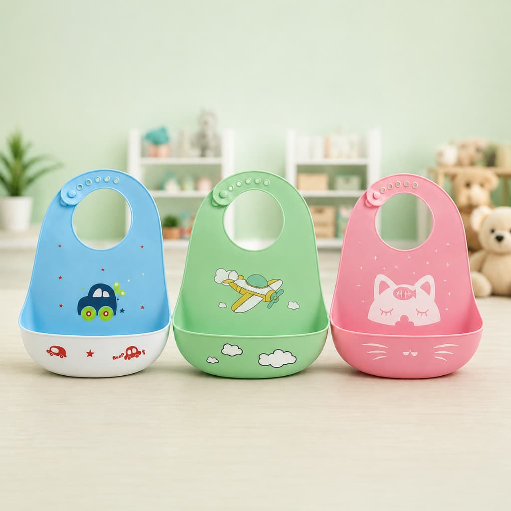Babador de Silicone para Bebê Impermeável Reutilizável com Pega Migalhas Ajustável Fácil de Limpar