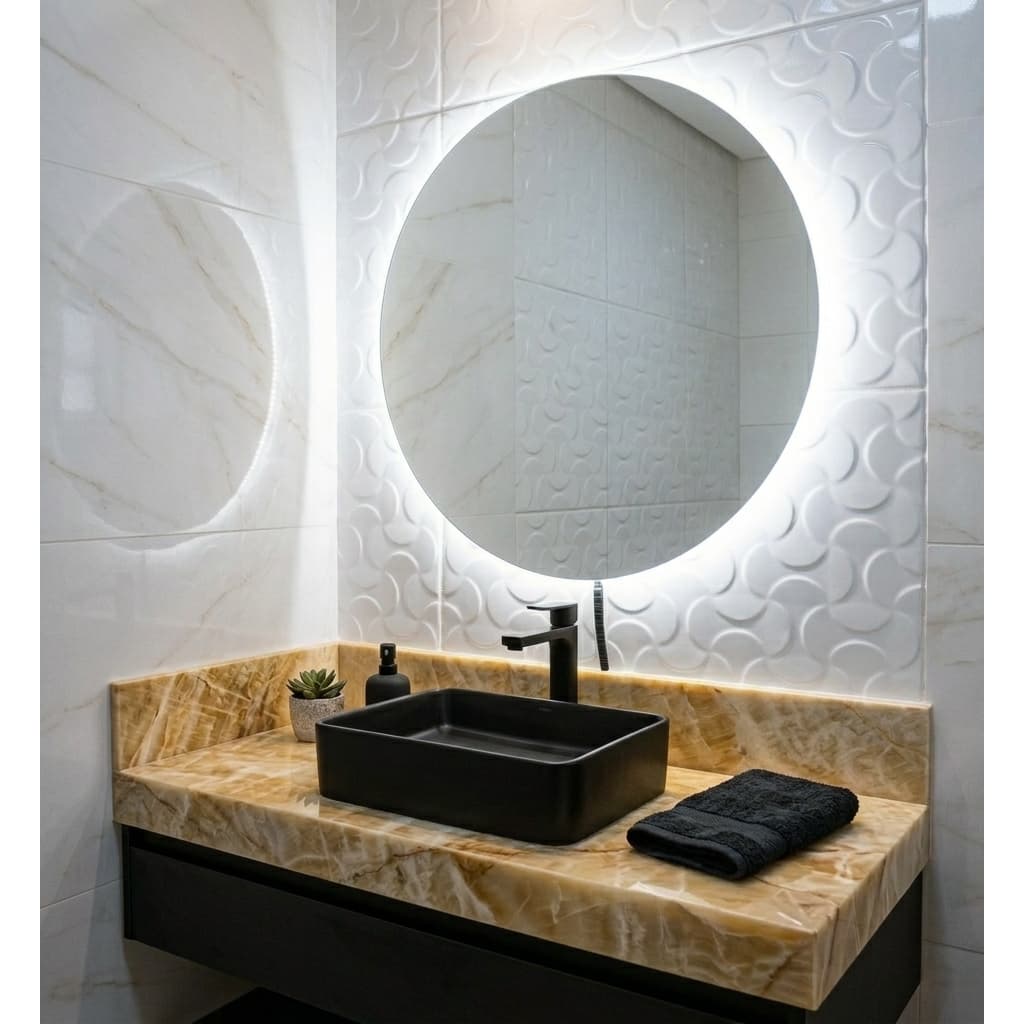 Espelho Redondo 50CmX 50Cm Lapidado com LED À PILHA ou FONTE 12V Ambiente Moderno Decoração