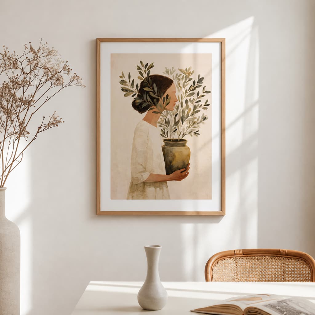 Quadro Decorativo Abstrato Mulher Plantas Boho Tons Terrosos Com Moldura e Vidro