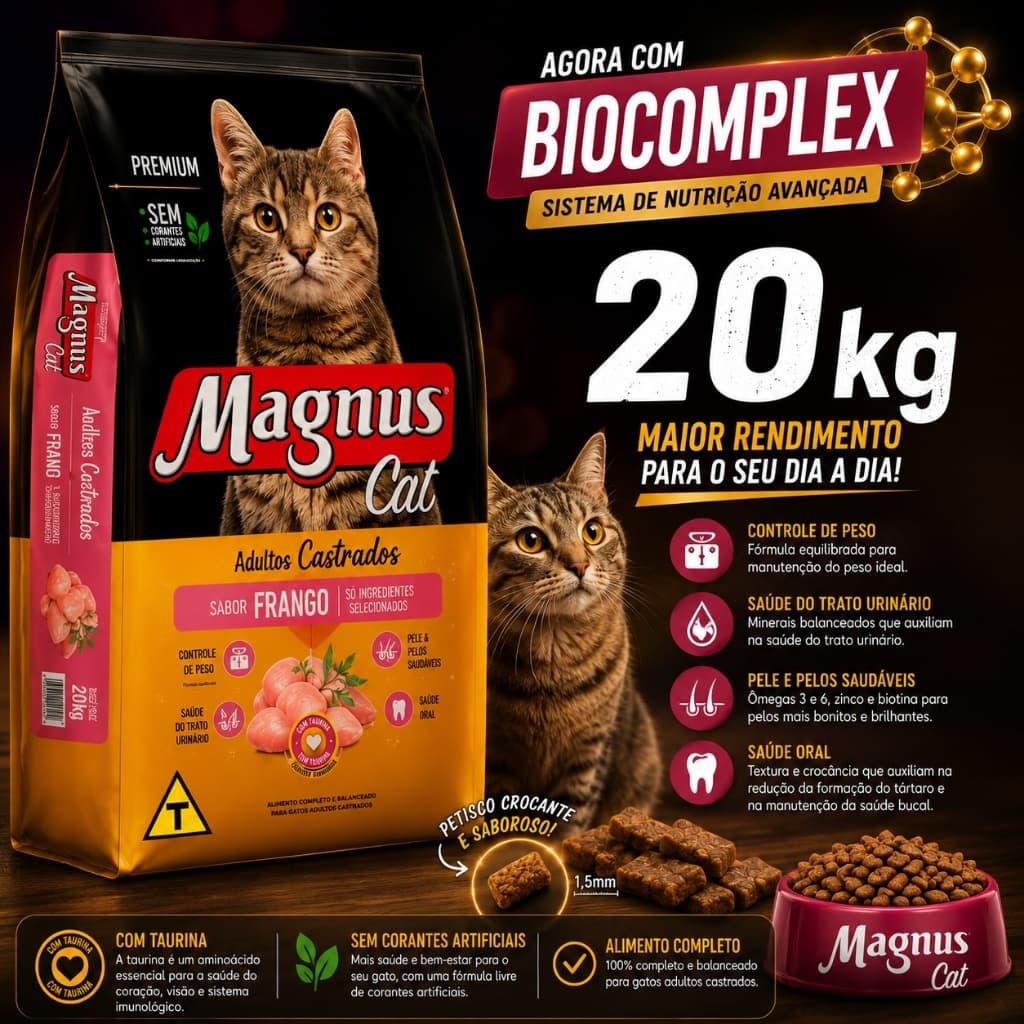 Petisco Magnus Cat Adultos Castrados Frango 20kg com Biocomplex | Petisco Crocante para Gatos