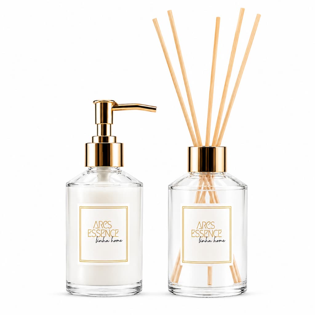 Kit Lavabo Plug 200ml Difusor de Varetas + Saboneteira Vidro Elegante Ares Essence
