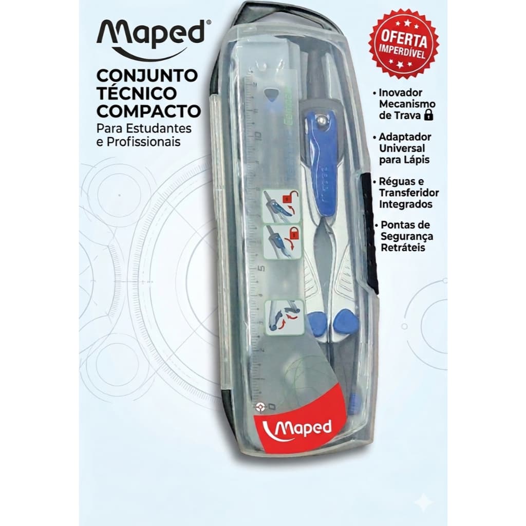 Conjunto de Compasso Maped Technic Compact Com Minas de Grafite, Apontador, Régua e Lapiseira