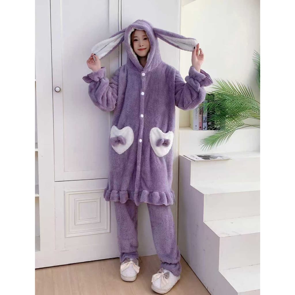 Pijama Kigurumi Coelho Fleece Térmico - Unissex com Capuz de Orelhas REF HY-018