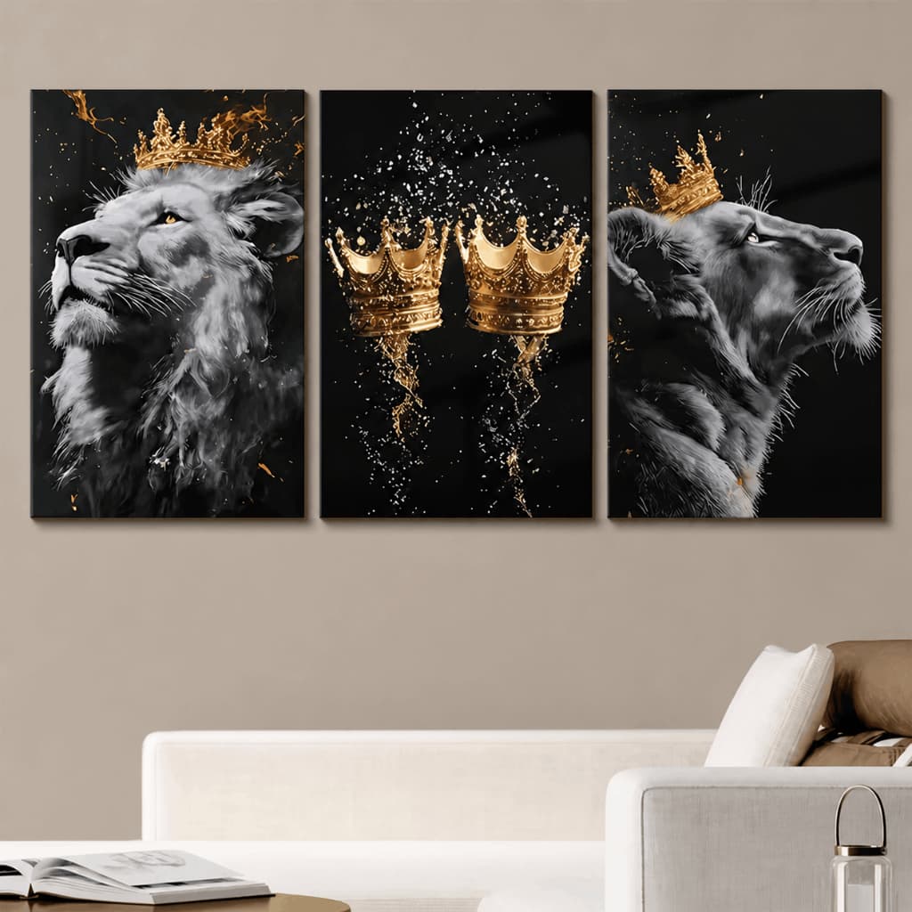 Quadro Decorativo Rei Leão Com Coroas Douradas Fundo Preto Luxo Sala Escritório