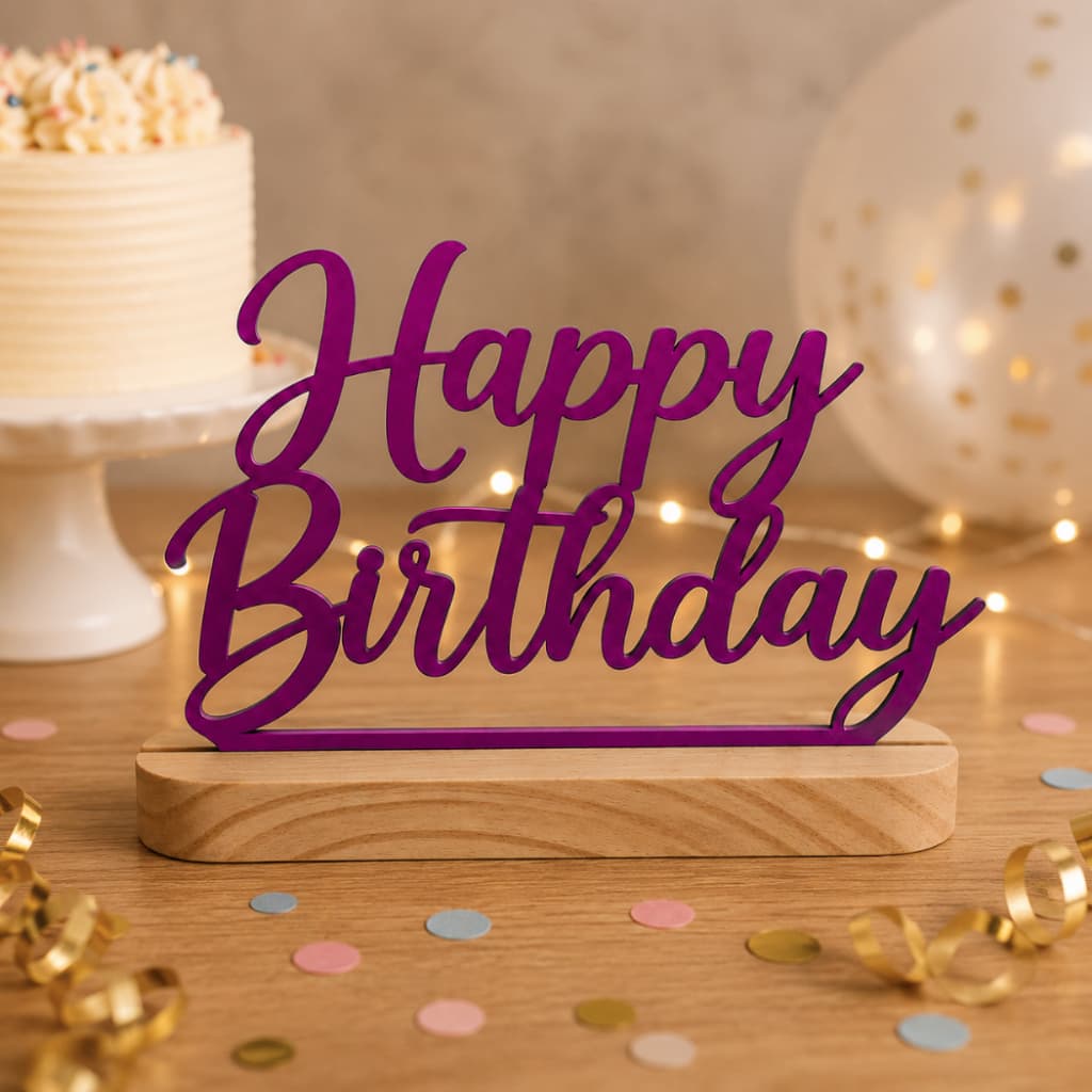 Plaquinha Decorativa De Aniversario Happy Birthday com Base em Madeira Pinus e Mdf 15x10cm