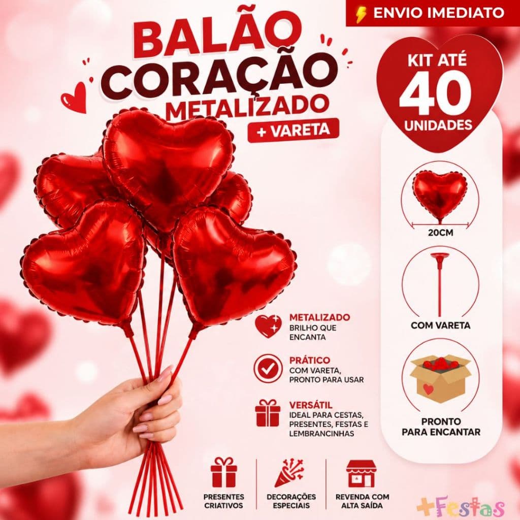 Kit 10/20/30/40 Balão Coração Metalizado Bexiga 25cm+ Vareta+ Haste Decoração Lembrança Presente