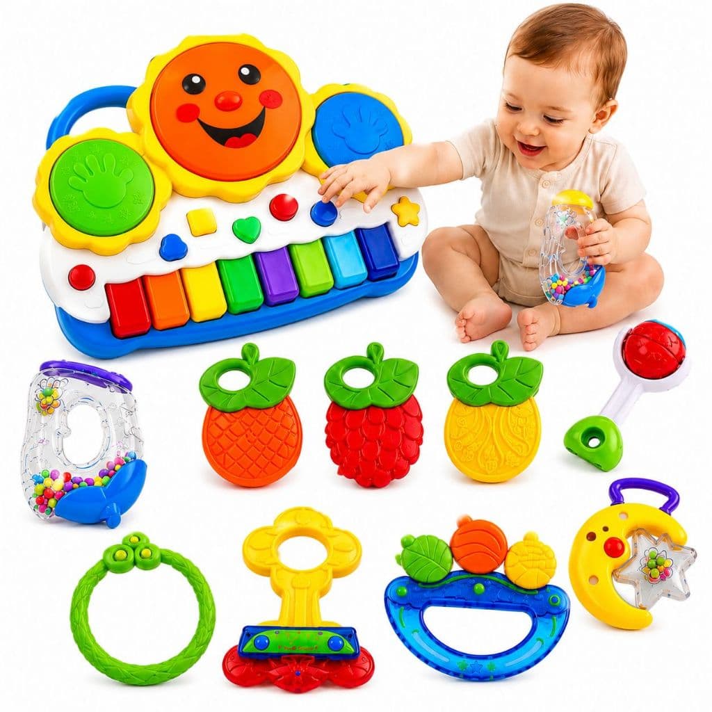 Kit Brinquedos Bebê Mordedores Chocalhos Piano Musical Educativos