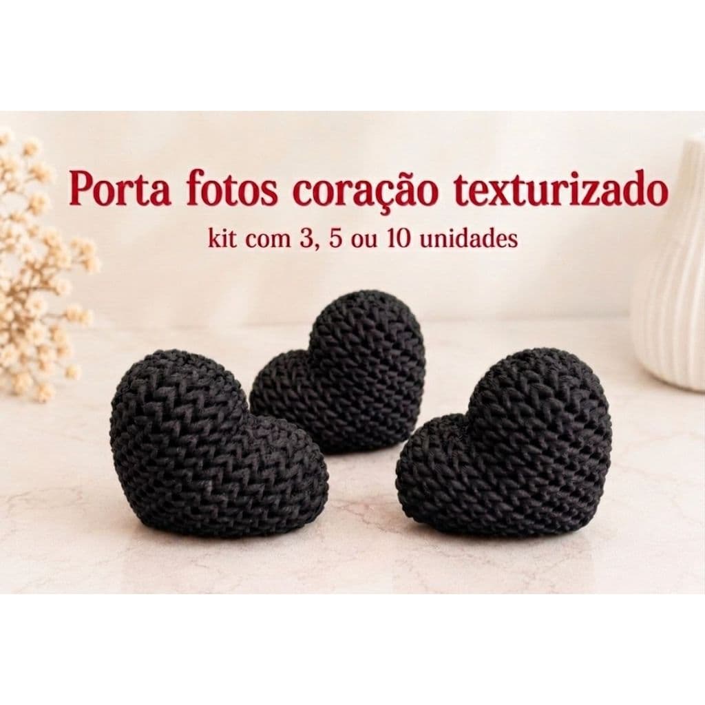 Kit suporte porta fotos/recados texturizado coração preto - 3, 5 ou 10 unidades