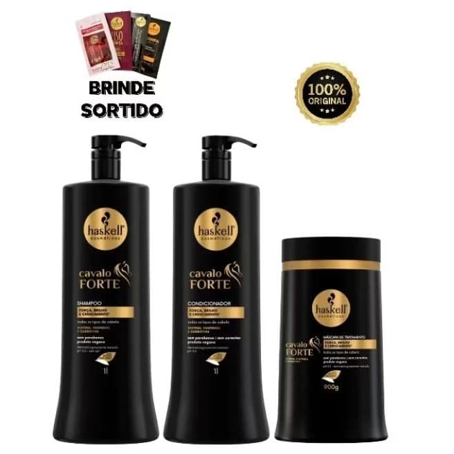 Kit Cavalo Forte Haskell - Shampoo e Condicionador 1L + Máscara 900g Hidratação e Fortalecimento