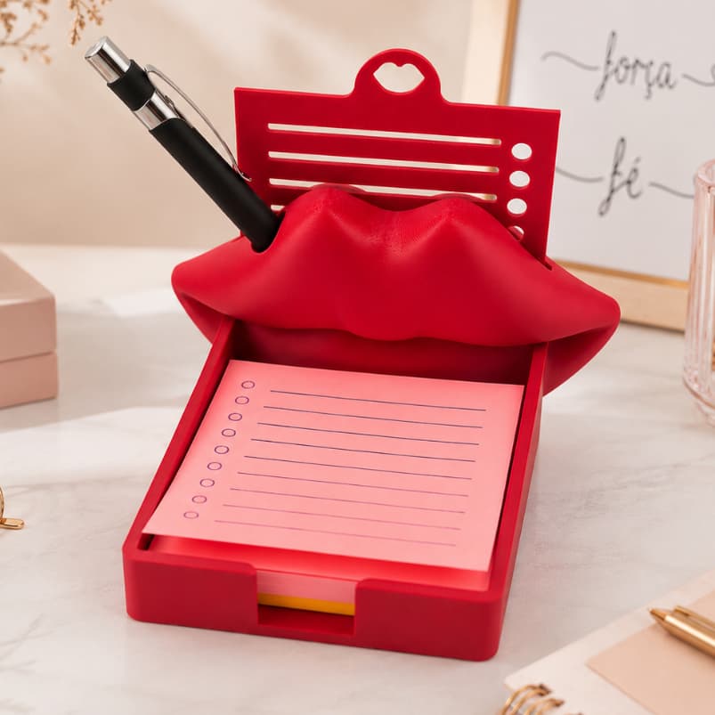 Porta Post-it Bloco de Anotações Boca Decoração Criativa com Suporte para Caneta Organizador de Mesa