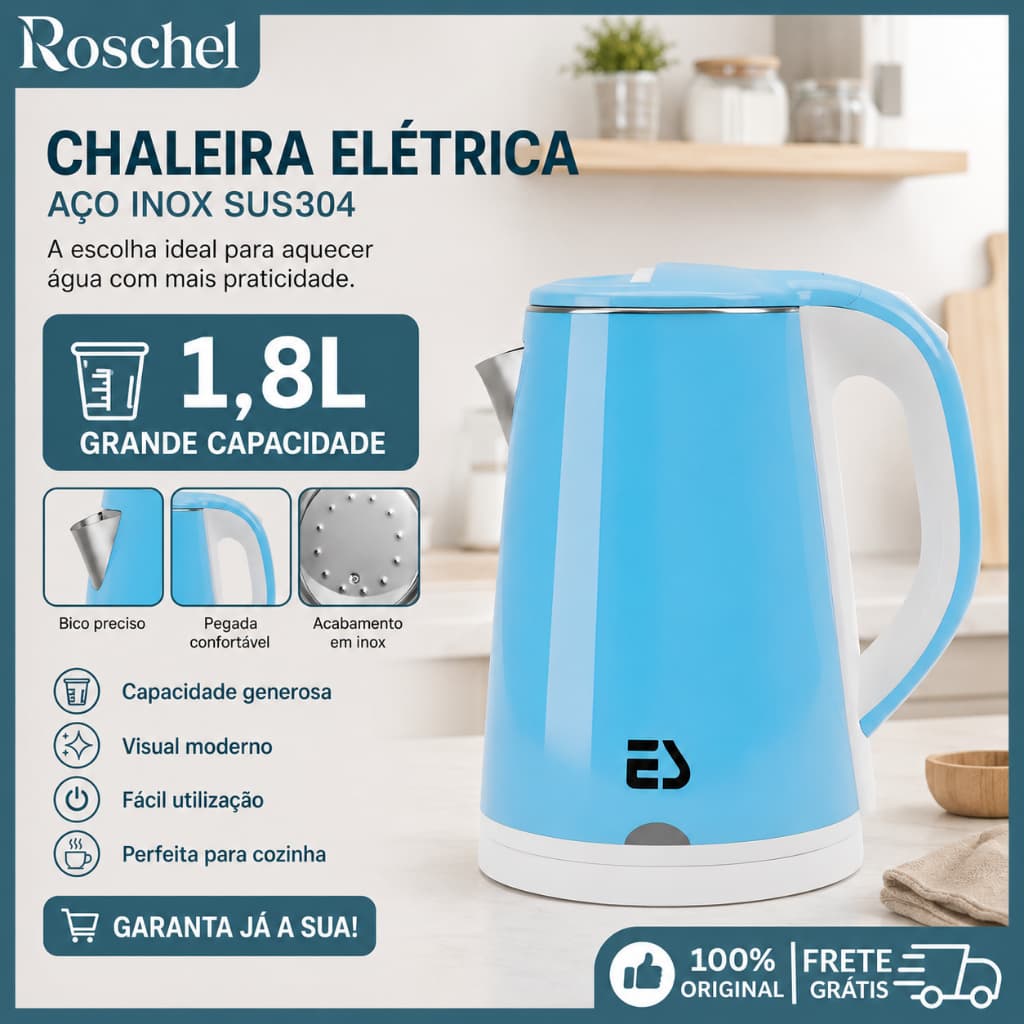 Chaleira Elétrica Inox 1.8L 127V com Tampa e Luz LED Ferve Água Rápido para Cozinha Moderna