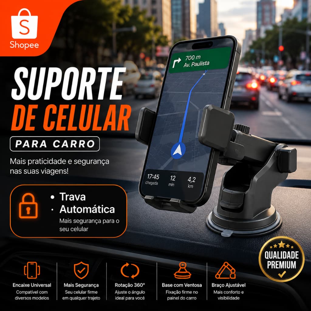 Suporte Celular GPS Veicular Carro 360° Antivibração Trava Forte Automático Universal Painel Mesa