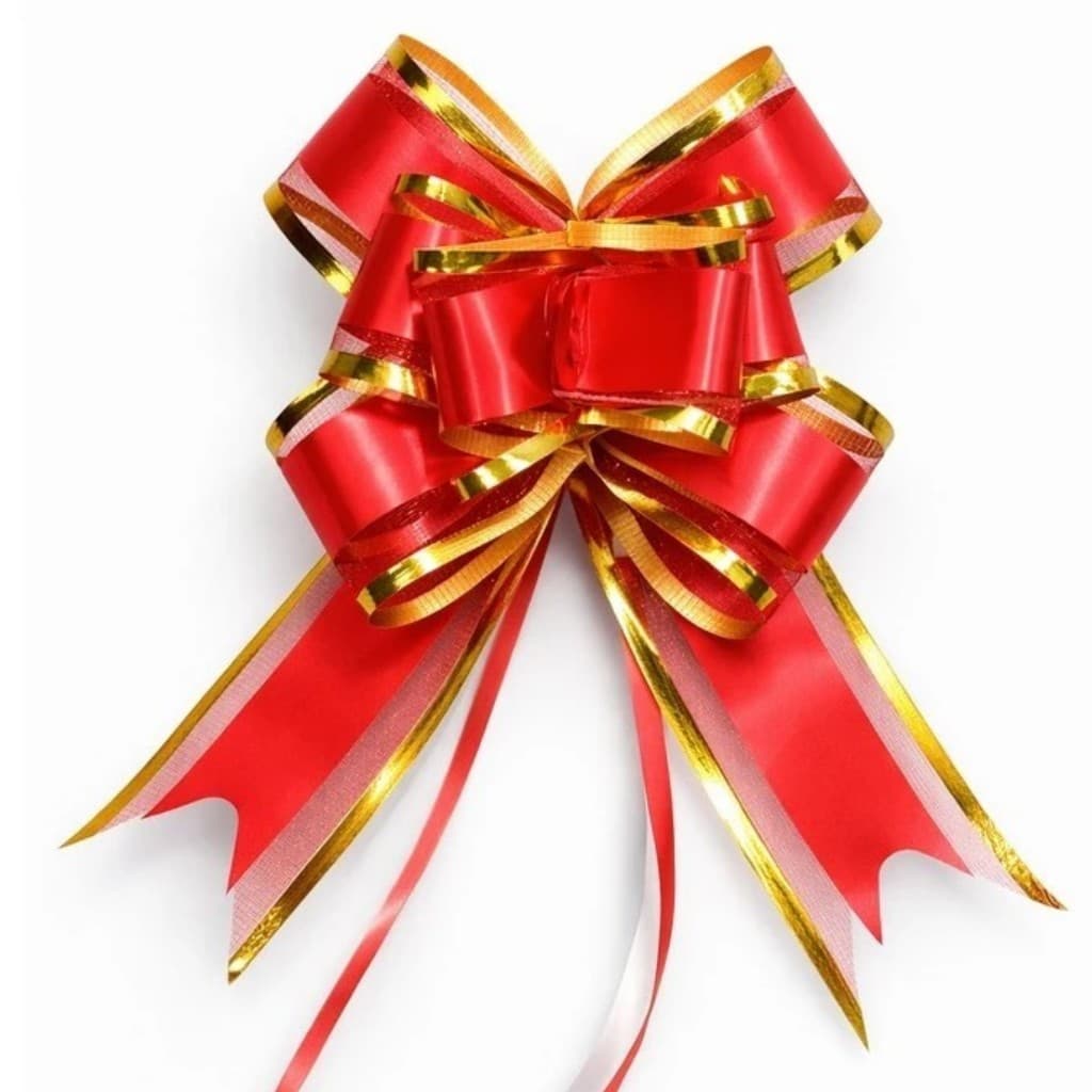 Kit 50 Laços Fácil Organza Poliéster 30mm x 47cm Luxo Presente Filete Dourado