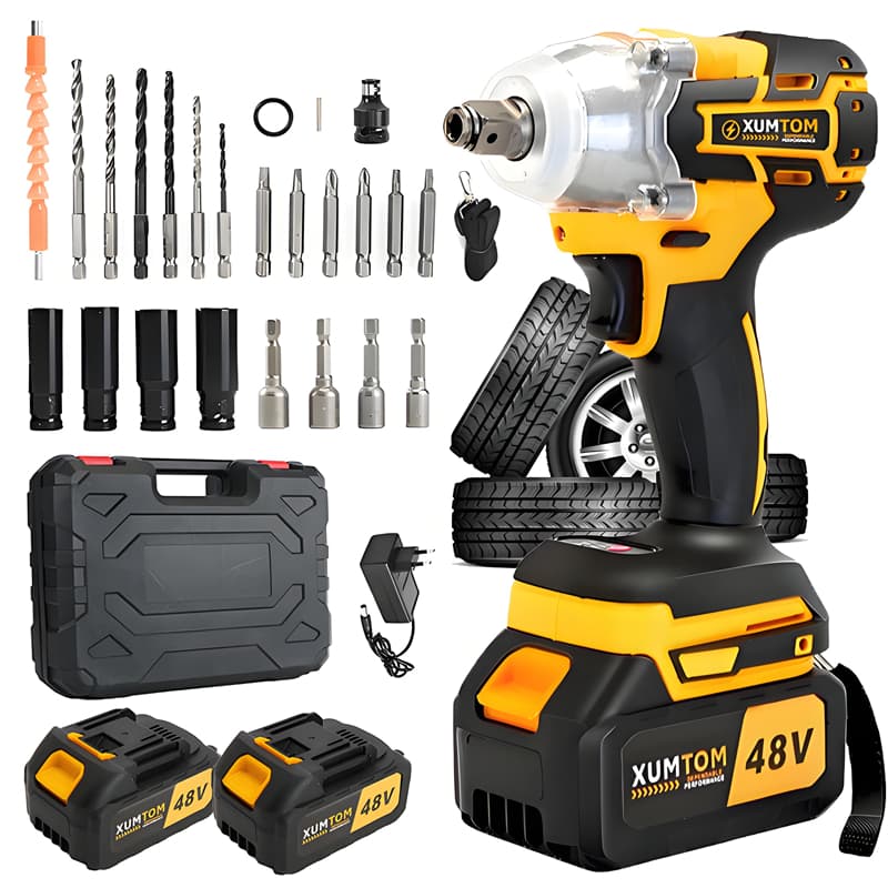 450nm Brushless Cordless Impact Wrench with 2 Batteries with Case and Accessories 30pcs (110v/220v)