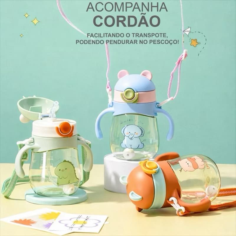 Garrafinha Copo treinamento de Infantil desenho animado fofo, Copo Portatil Bebê 300ml com alça e trava e anti vazamento