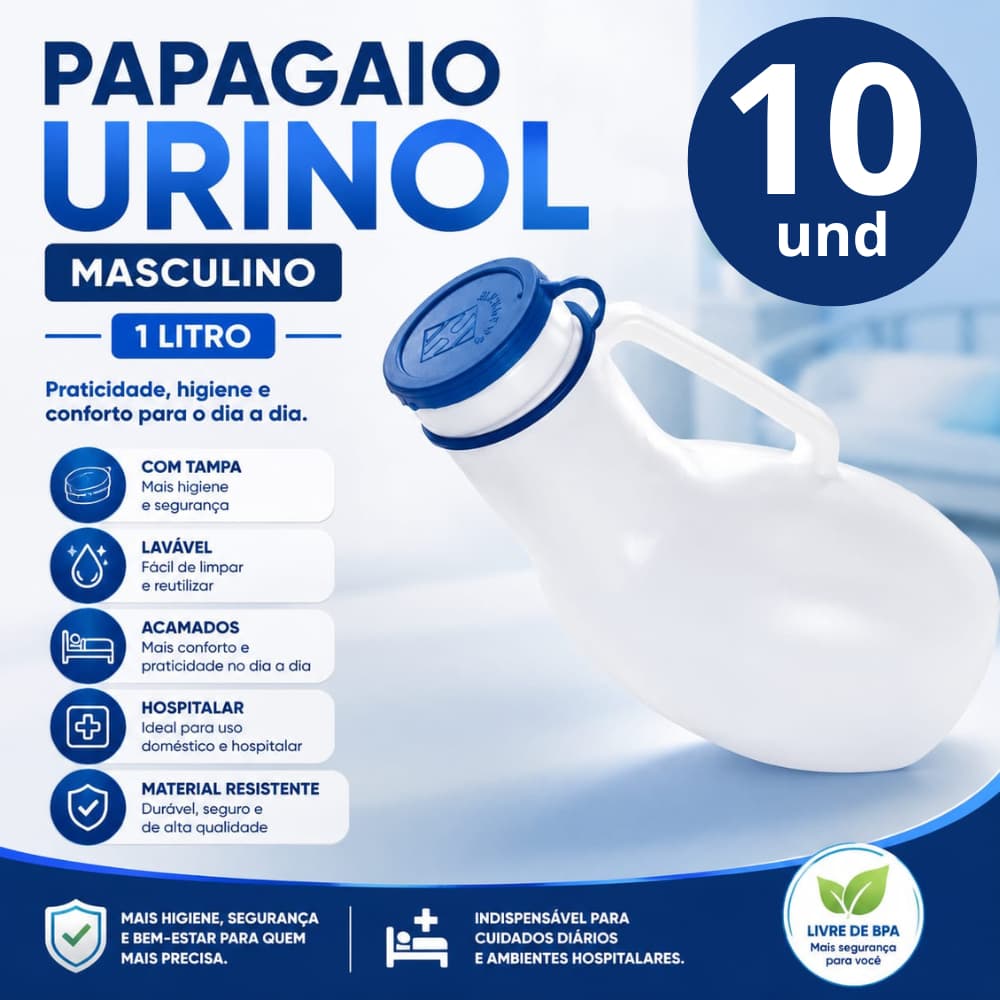 10 Und Coletor de Urina Urinol Hospitalar C/Tampa Papagaio Emergência Incontinência Urinaria Acamados Caminhoneiro