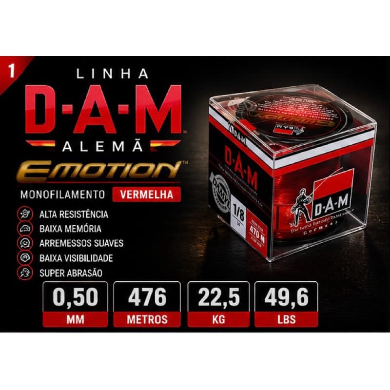Linha de Pesca Monofilamento DAM Emotion Alemã 0,50mm 476m Vermelha Resistência 22,5kg