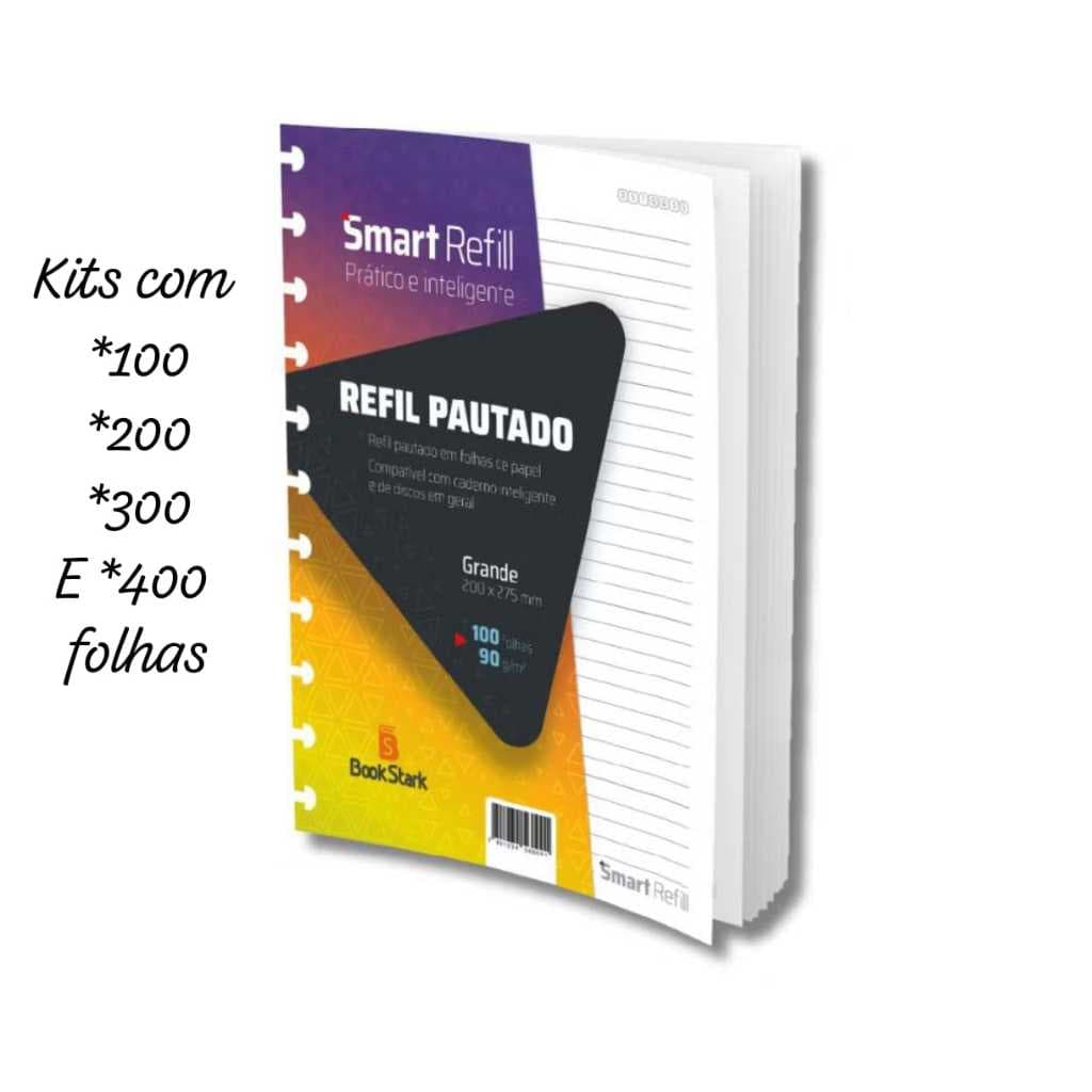 Kit c Refil para Caderno Inteligente Grande - 100 a 400 Folhas Pautadas 200x275mm, Gramatura 90g