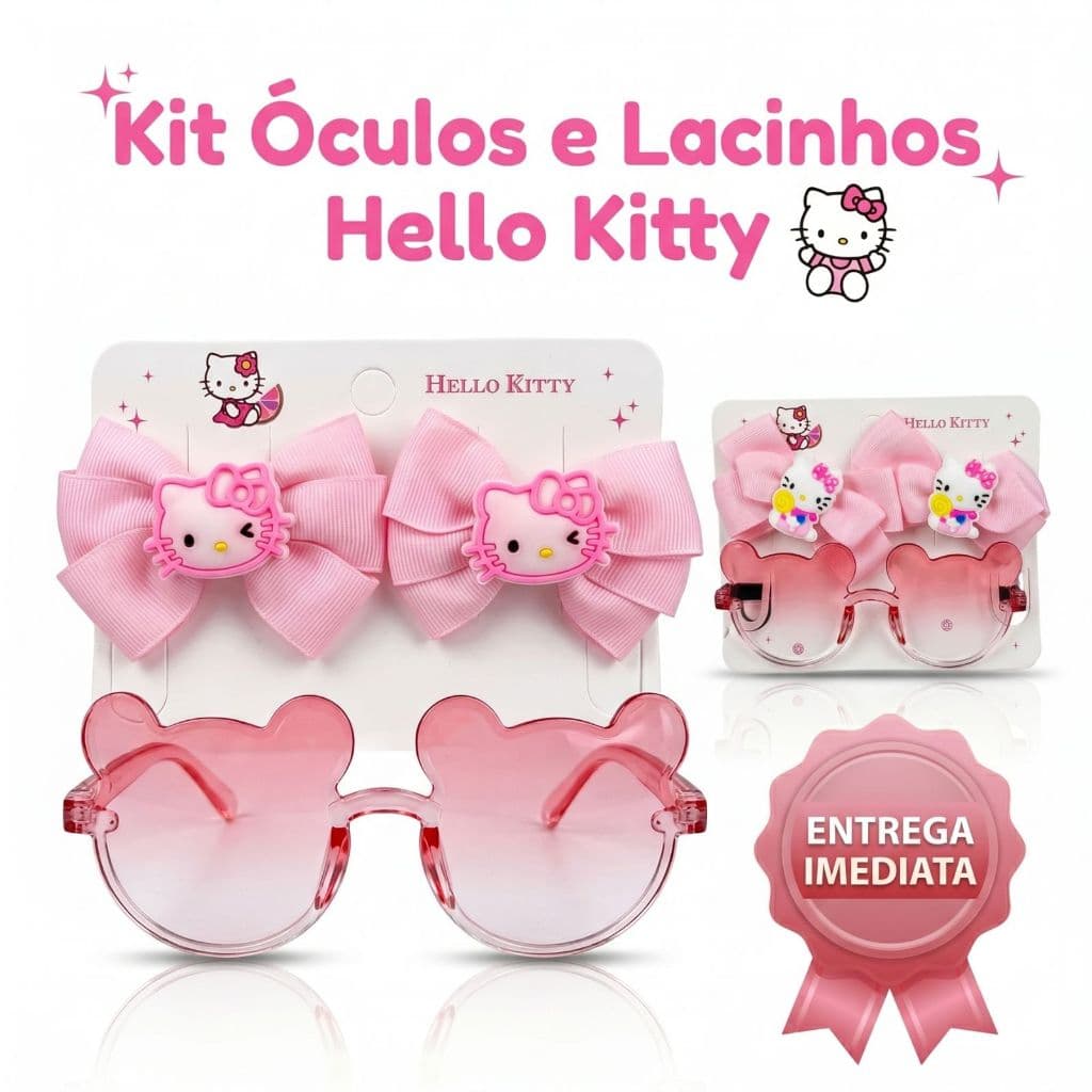 Kit Oculos de Sol Infantil e Par de Lacinhos Rosa Hello Kitty
