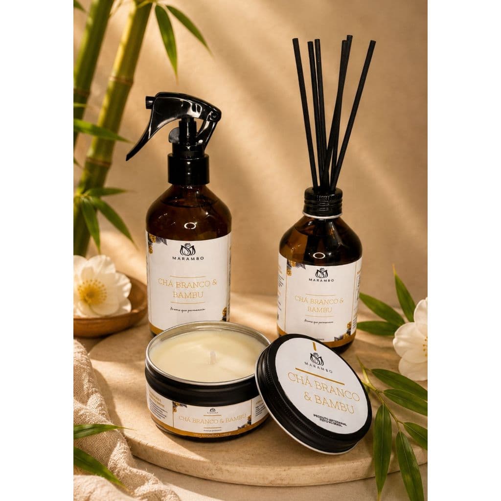 Kit Chá Branco e Bambu 3 Peças - Home Spray + Difusor + Vela 90g