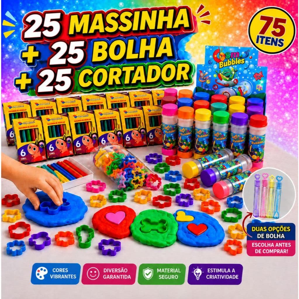 Kit 25 Massinha de Modelar + 25 Bolha de Sabão + 25 Cortador Molde Kit Festa Lembrancinha Infantil