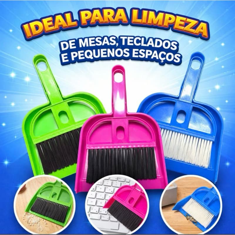 Kit Mini Pá Com Vassourinha Para Pet Limpeza De Mesa Bancada Teclado Eletrônicos Multiuso Cores Sortidas