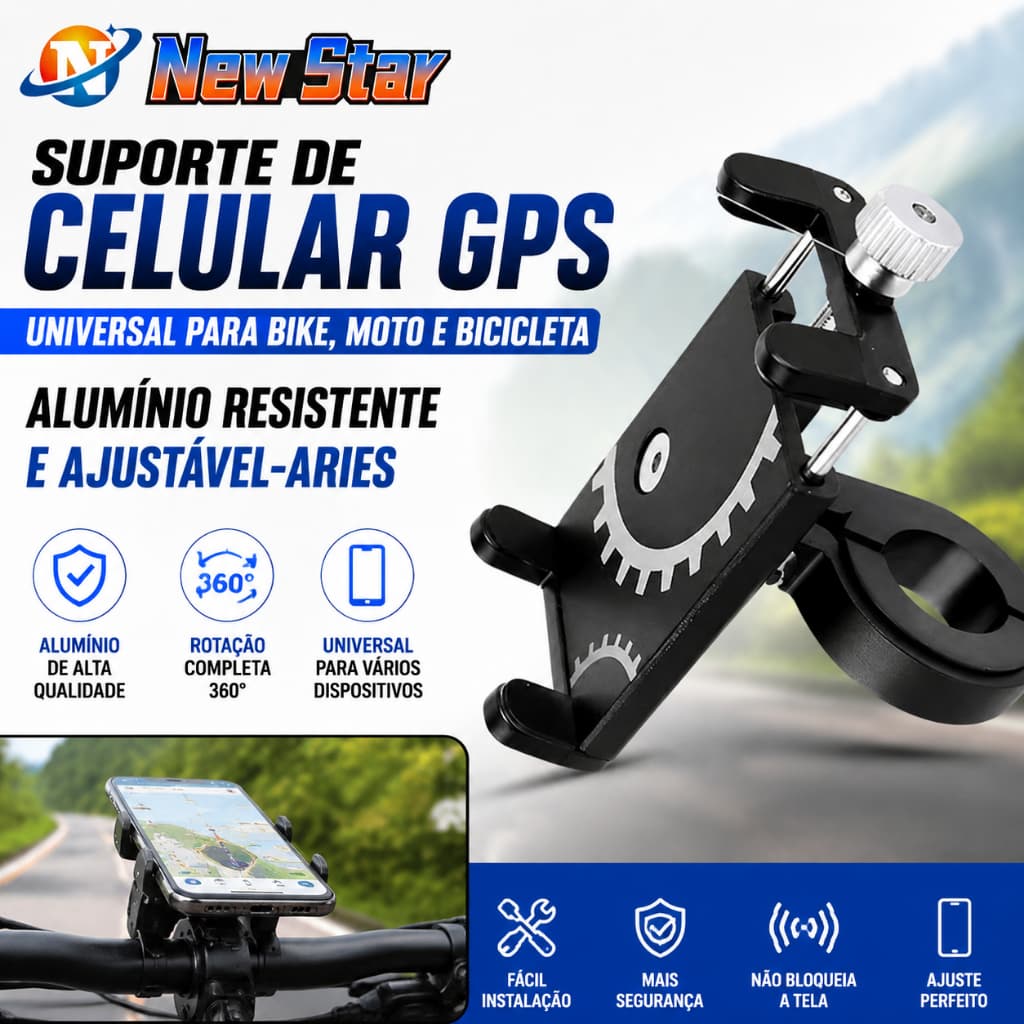 New Star Suporte de Celular GPS Universal para Bike, Moto e Bicicleta - Alumínio Resistente e Ajustável-Aries