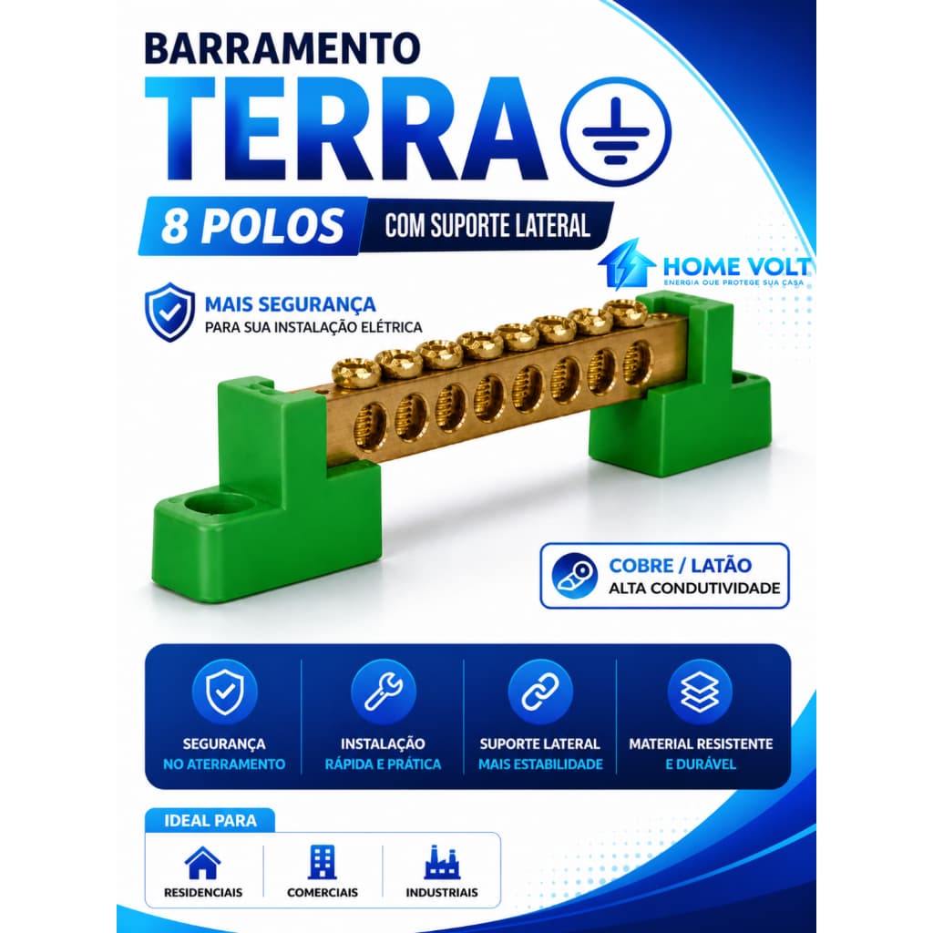BARRAMENTO TERRA 8, 12, 16 POLOS SUPORTE LATERAL FIXAÇÃO QUADRO ELÉTRICO SEGURO COBRE ALTA QUALIDADE