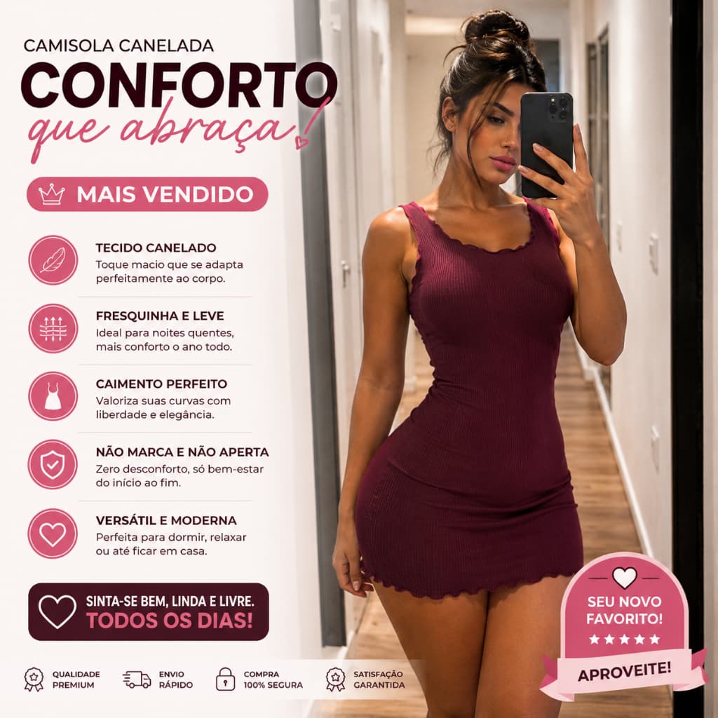 Camisola Canelada Feminina Pijama Casual Conforto Linha Noite