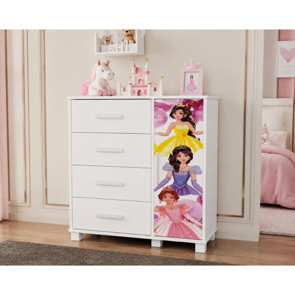 Cômoda Infantil Lívia Princesas 4 Gavetas Organizador Quarto