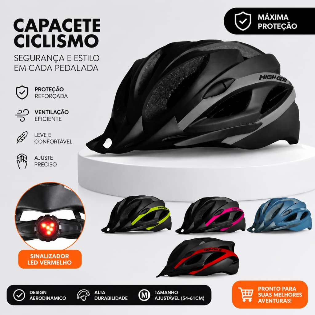 Capacete Ciclismo High One Win com Luz LED Traseira Viseira Removível e Ventilação