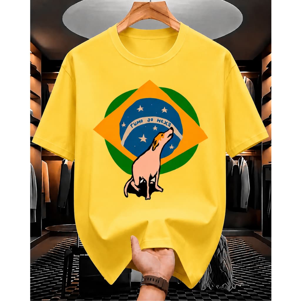 Camiseta RUMO AO HEXA Brasil Copa do Mundo Cachorro Caramelo Masculino e Feminino 100% algodão
