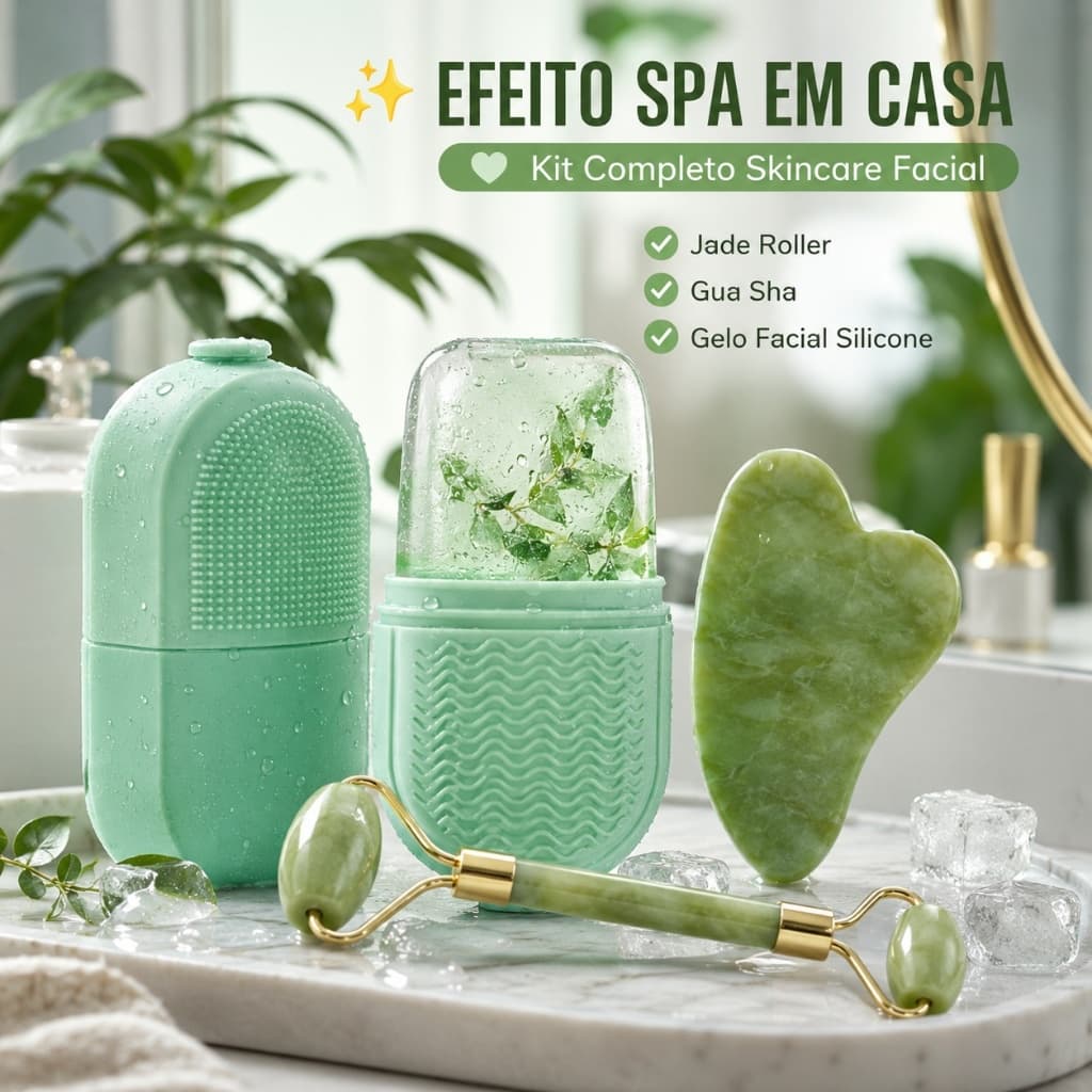 Kit Rolo Pedra De Jade Com Placa Guasha  + Forma de Gelo para Limpeza Facial Cor Verde