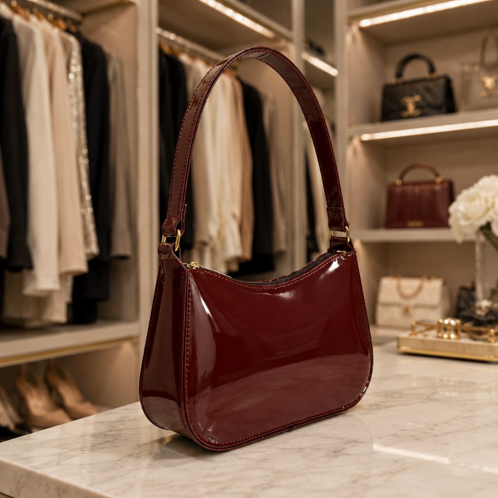 Bolsa Feminina Meia Lua Baguete Verniz Luxo de Ombro Tote Casual Compacta Moderna