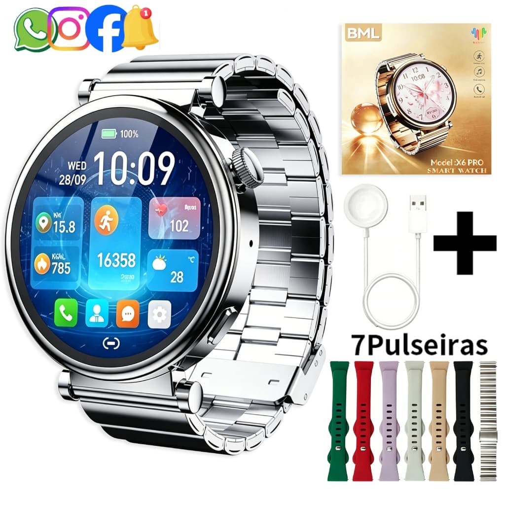 2026 Smartwatch Feminino, X6 PRO 1.27" AMOLED Coloca Foto na Tela, NFC, Monitor Cardíaco, à Prova d'Água, Android&iOS