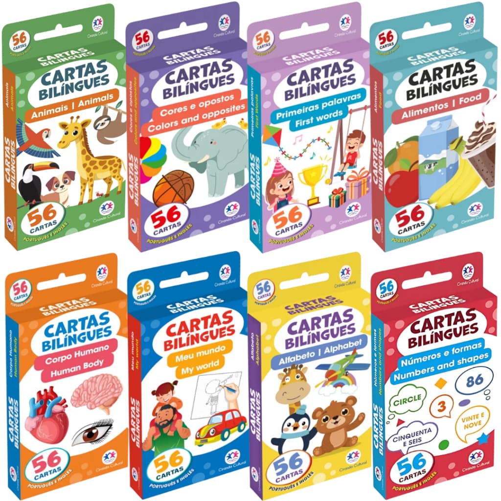 Kit com 8 modelos Flash Cards Bilíngue Ciranda 56 Un. Cada Infantil English Escola Curso Educativo