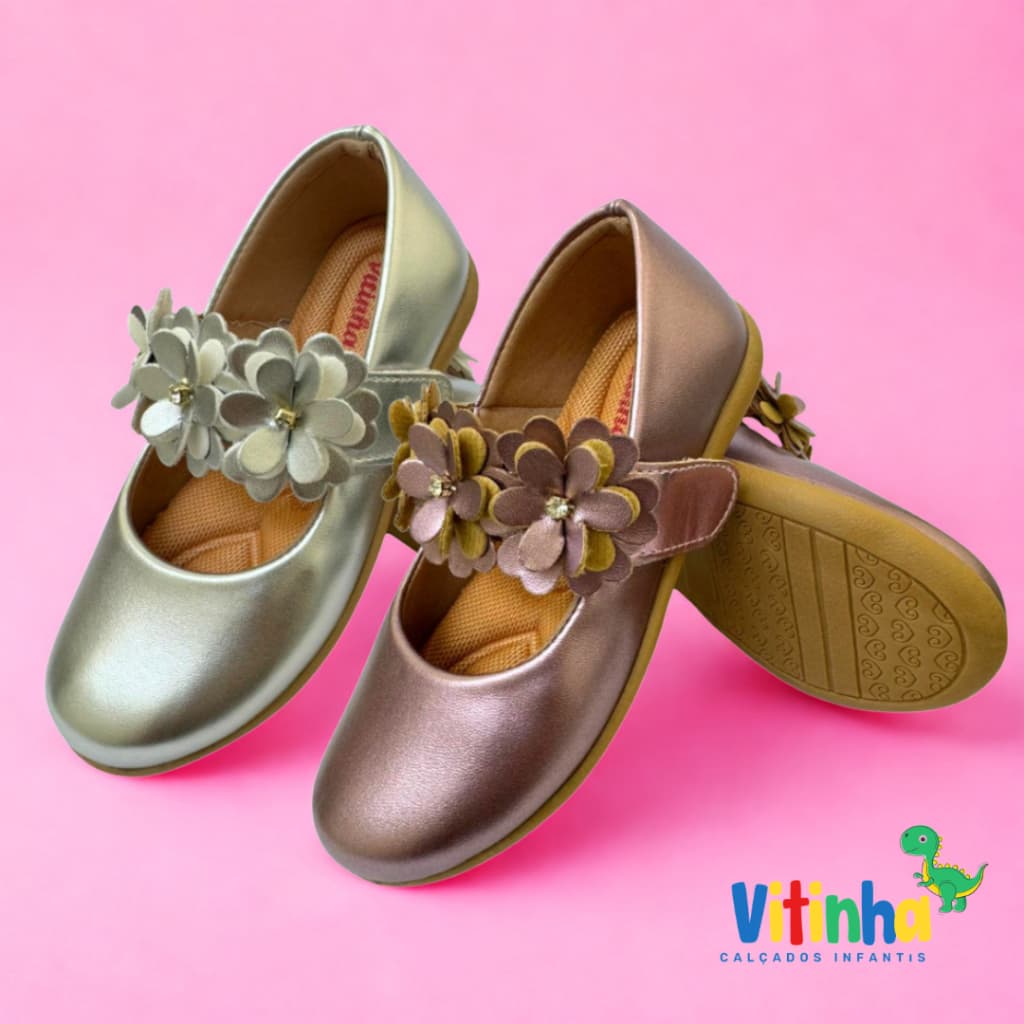 Sapatilha Infantil Feminina Menina Moda Barato Prata e Rosa Metalizada de Flores