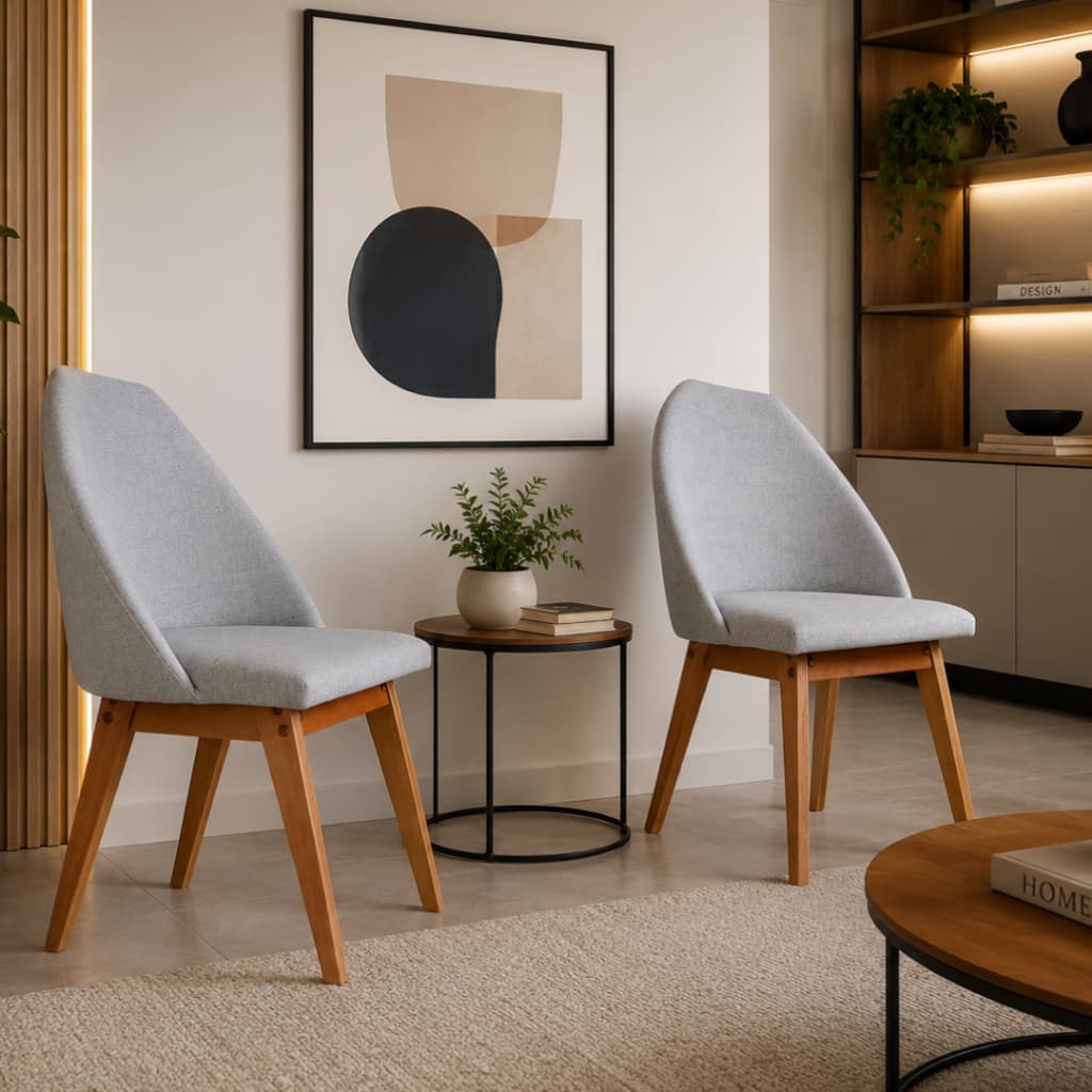 Conjunto Poltronas Sala Jantar Recepção Estofada Linho Cinza claro Pés Madeira Maciça 2 Unidades