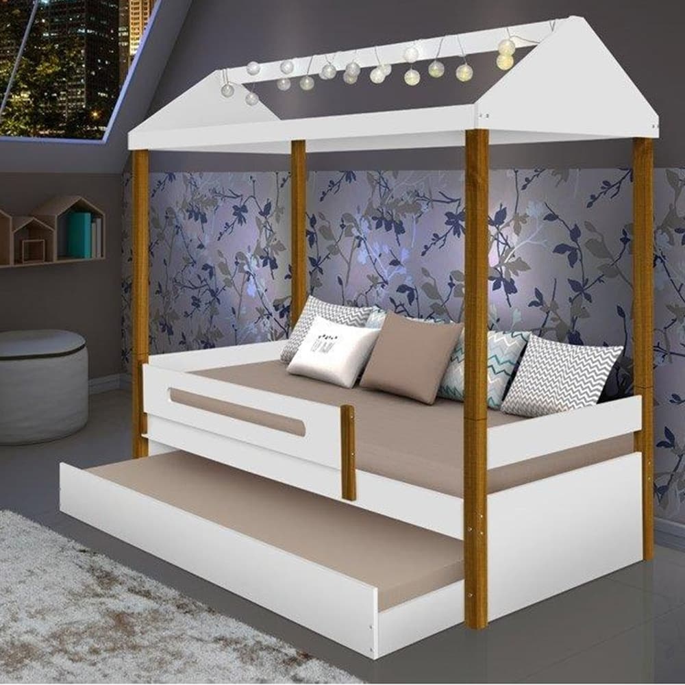 Cama Casa Sara Branca com Cordão de Luzes LED e Cama Auxiliar