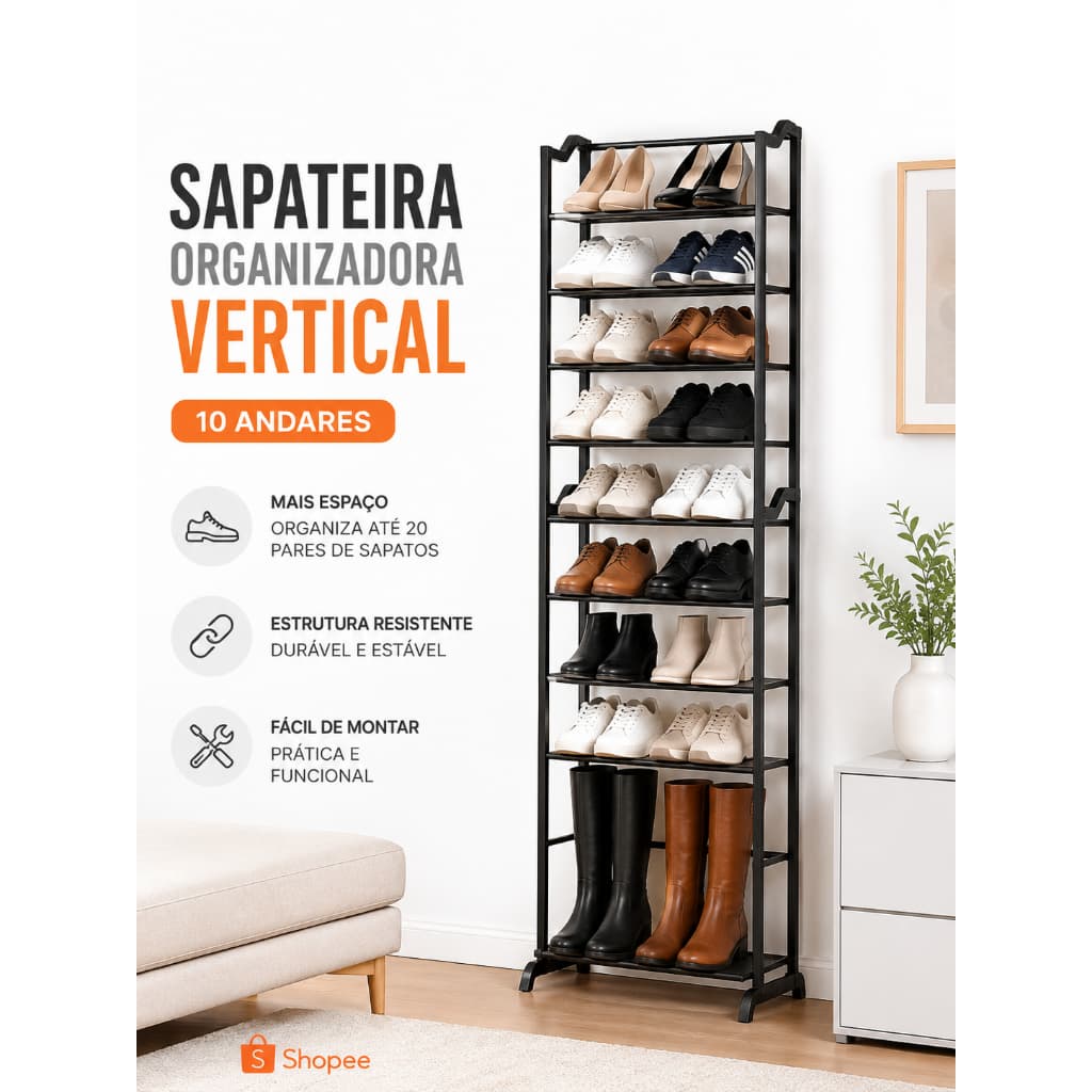 Sapateira Organizador Vertical 10 Andares Rack Multiuso Prateleira Organizadora Resistente