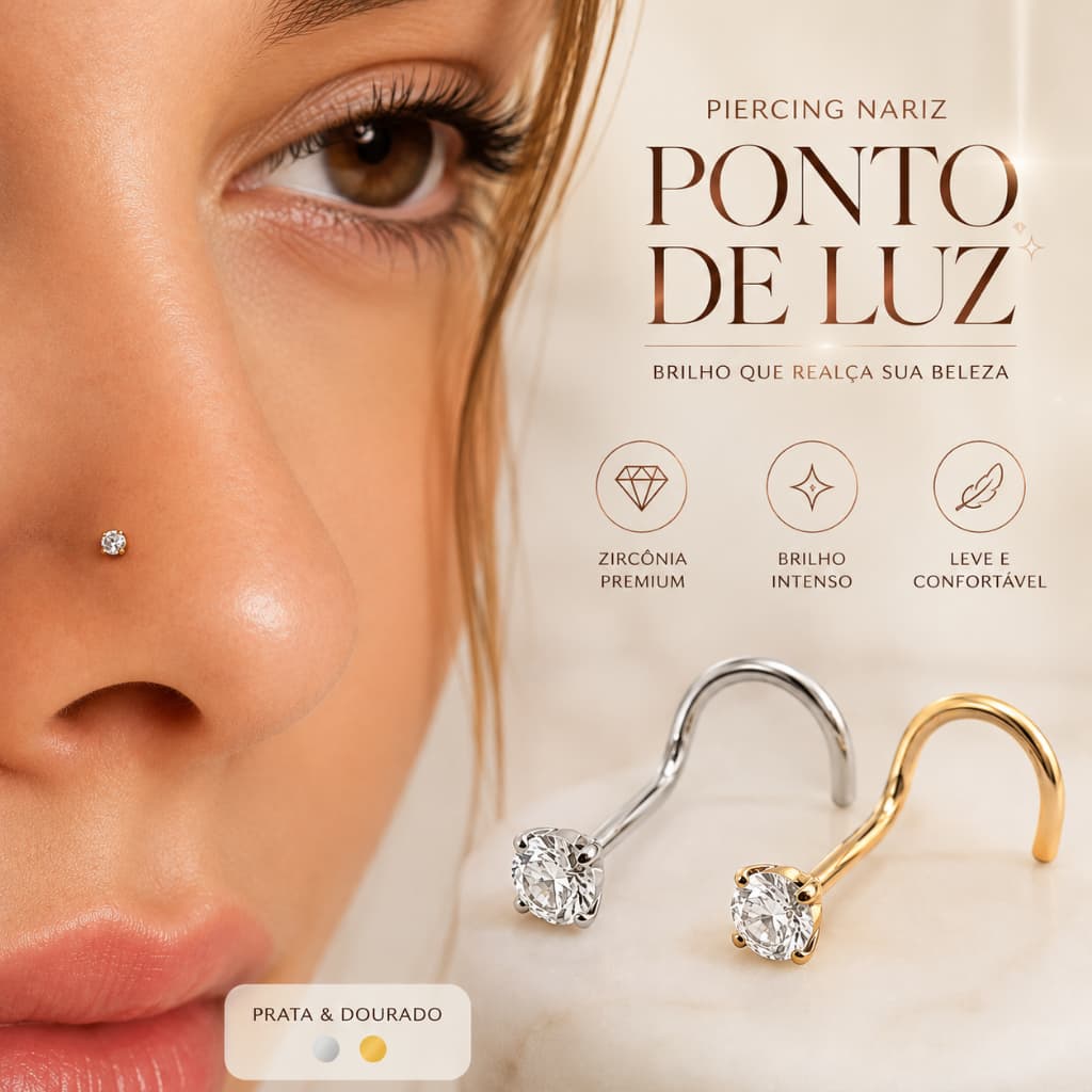 Piercing Nariz Ponto de Luz Curvado Feminino Zircônia Brilho Premium Folheado Prata/Dourado