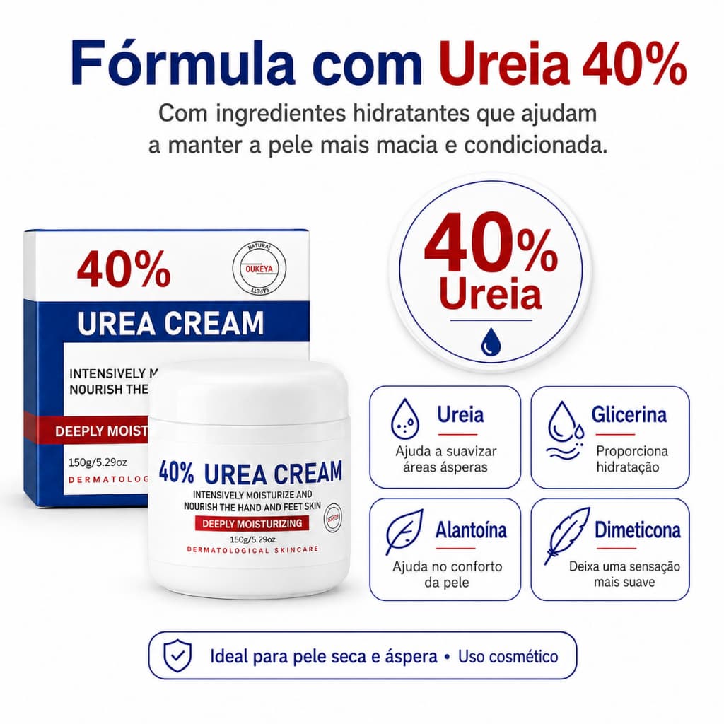 OUKEYA Uréia 40% Hidratante Esfoliante Pés Rachados Renova Suaviza Pele Áspera