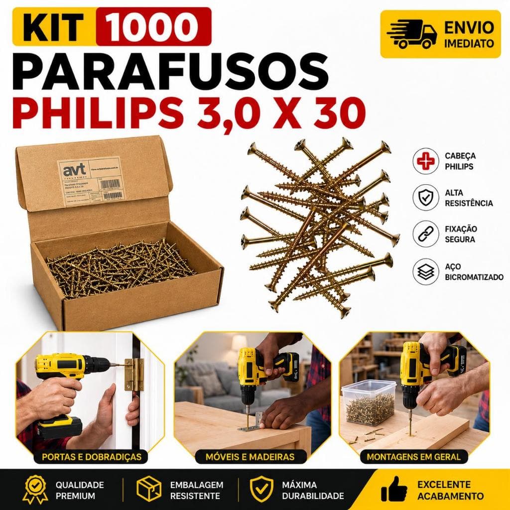 Kit 1000 Parafuso Philips 3,0 x 30 ChipBoard Aço Cabeça Chata Para Compensado Parede MDF Madeira