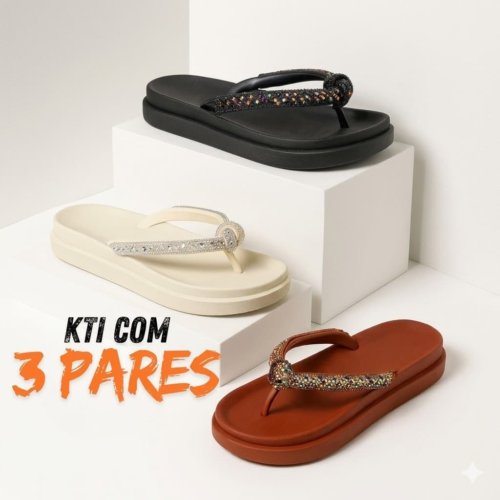Kit 3 Pares Papete Sandália Chinelo Feminina Strass Brilho Luxo Confortável Ortopédica Antiderrapante Macia Promoção